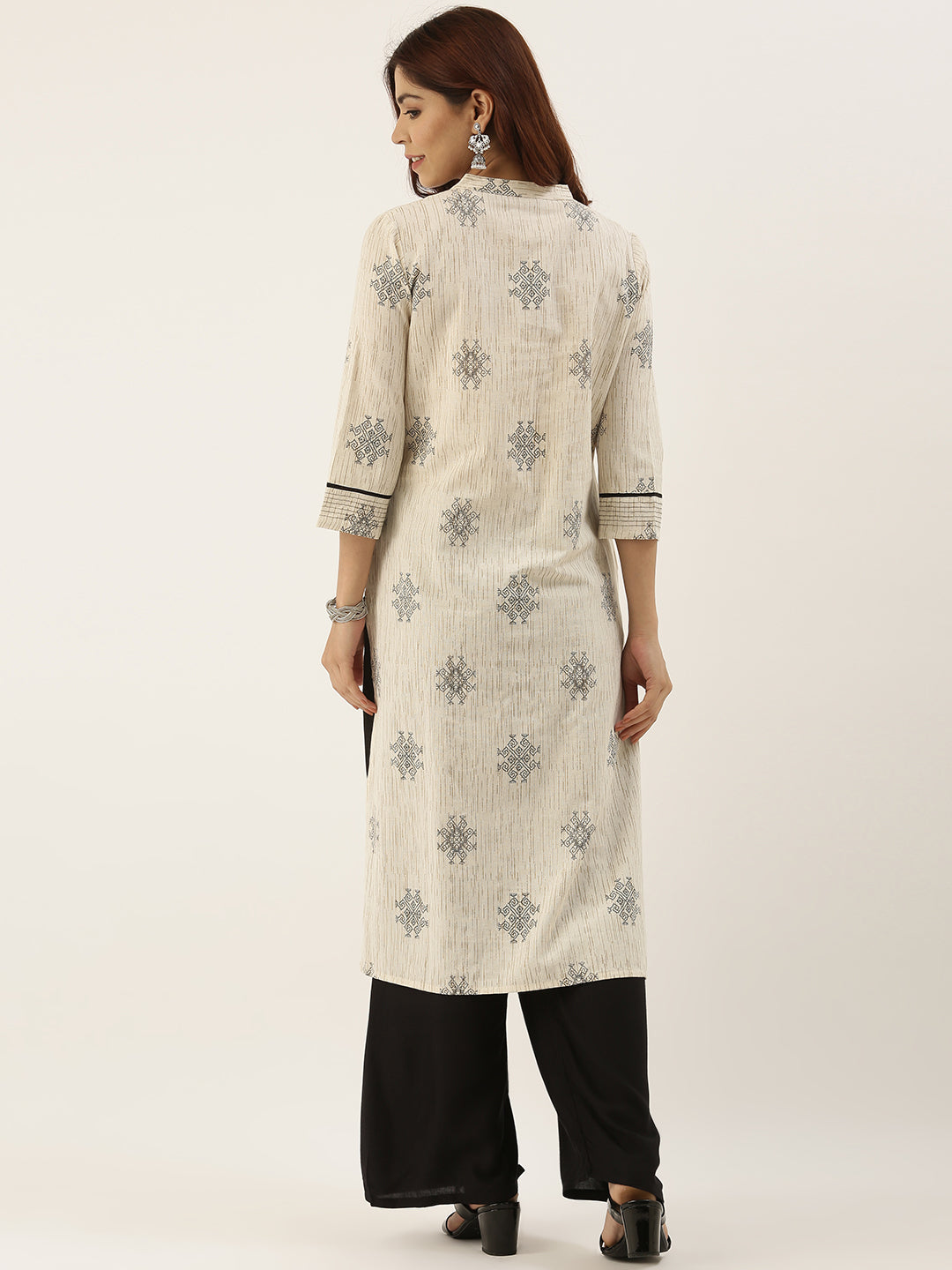 Beige & Brown Printed Straight Kurta