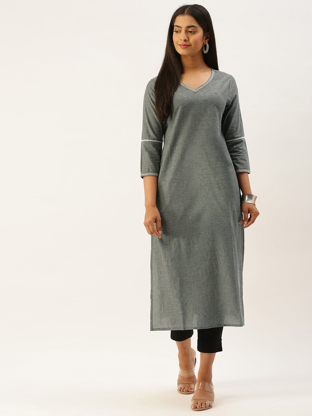 Grey Ethnic Motifs Embroidered Thread Work Straight Kurta