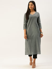 Grey Ethnic Motifs Embroidered Thread Work Straight Kurta