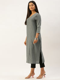 Grey Ethnic Motifs Embroidered Thread Work Straight Kurta