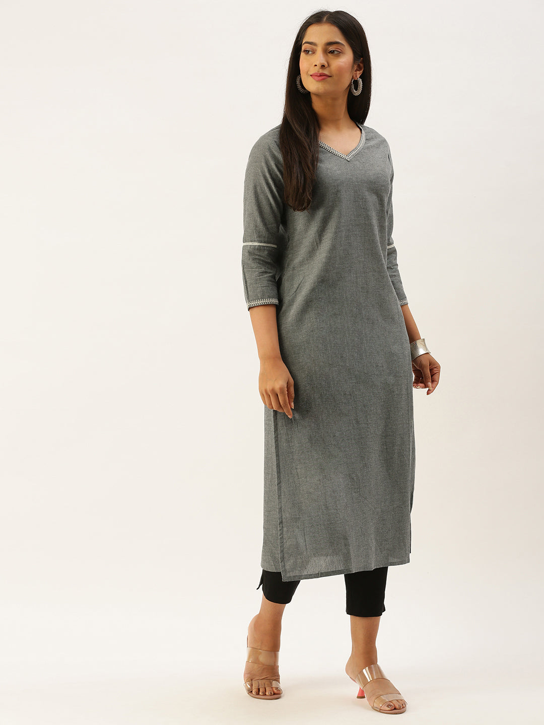Grey Ethnic Motifs Embroidered Thread Work Straight Kurta