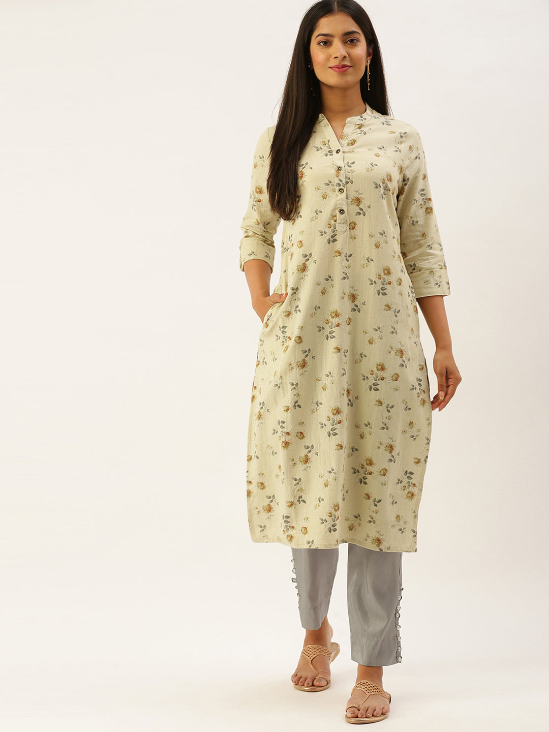 Beige & Grey Floral Print Straight Kurta