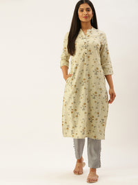 Beige & Grey Floral Print Straight Kurta