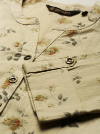 Beige & Grey Floral Print Straight Kurta
