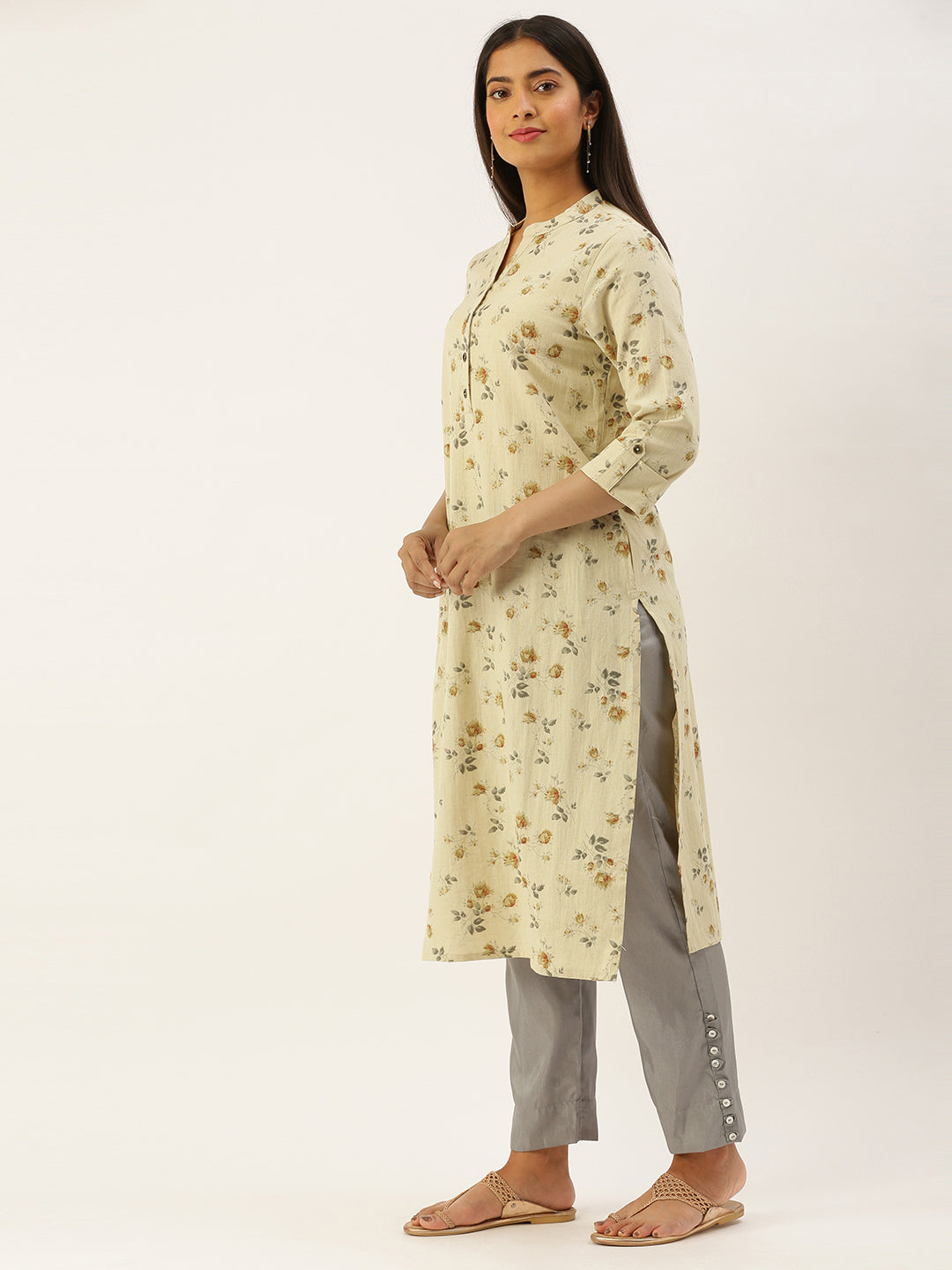 Beige & Grey Floral Print Straight Kurta
