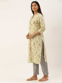 Beige & Grey Floral Print Straight Kurta