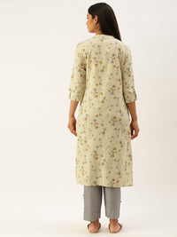 Beige & Grey Floral Print Straight Kurta
