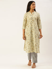 Beige & Grey Floral Print Straight Kurta