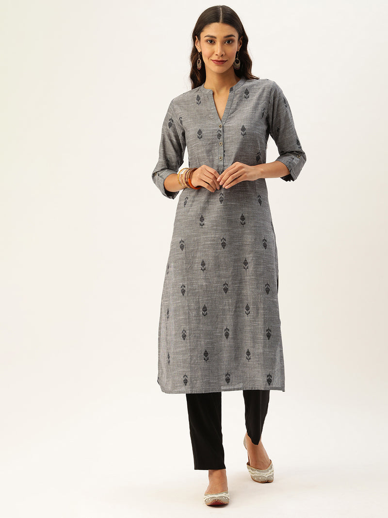 Grey & Black Printed Straight Kurta
