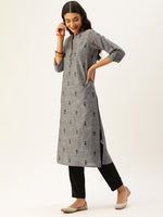Grey & Black Printed Straight Kurta