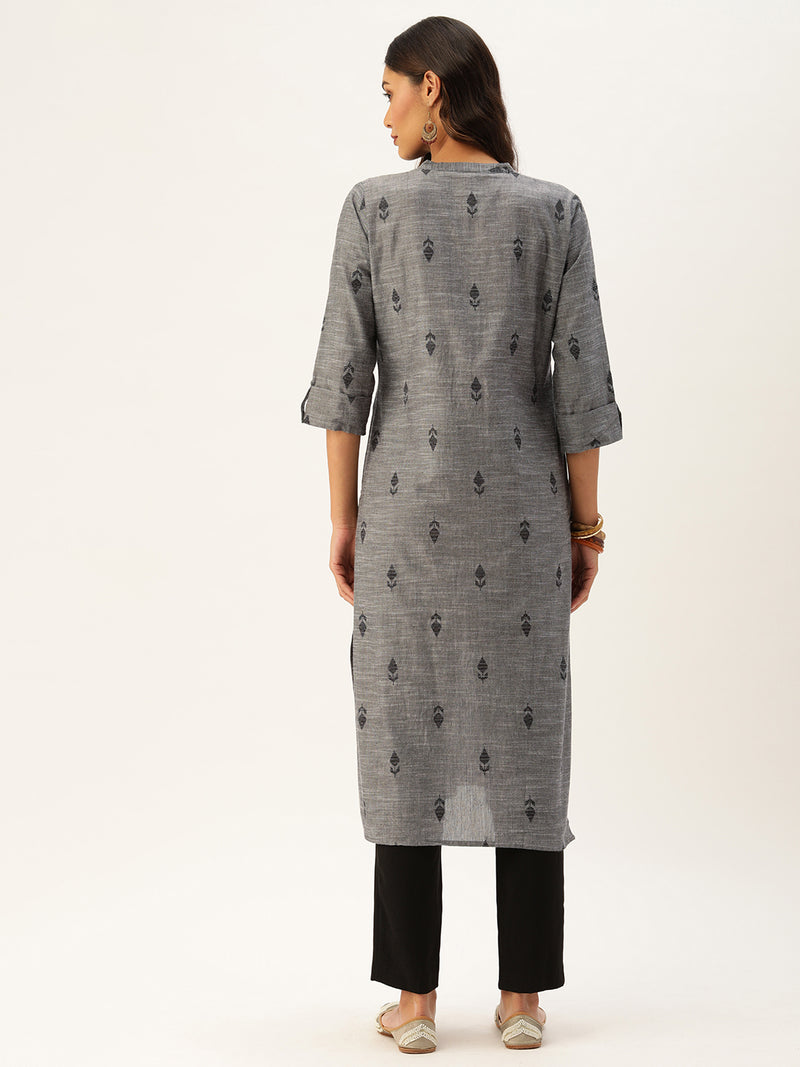 Grey & Black Printed Straight Kurta