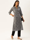 Grey & Black Printed Straight Kurta