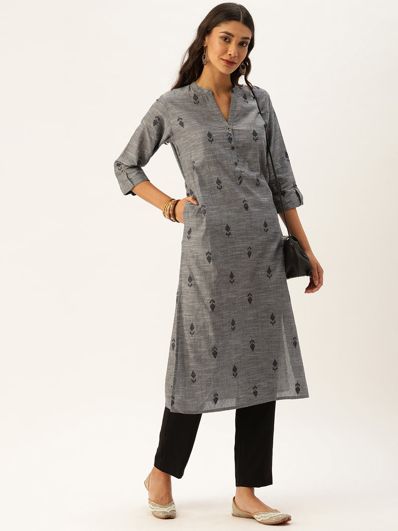 Grey & Black Printed Straight Kurta