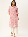 White & Pink Floral Printed Straight Kurta