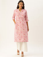White & Pink Floral Printed Straight Kurta
