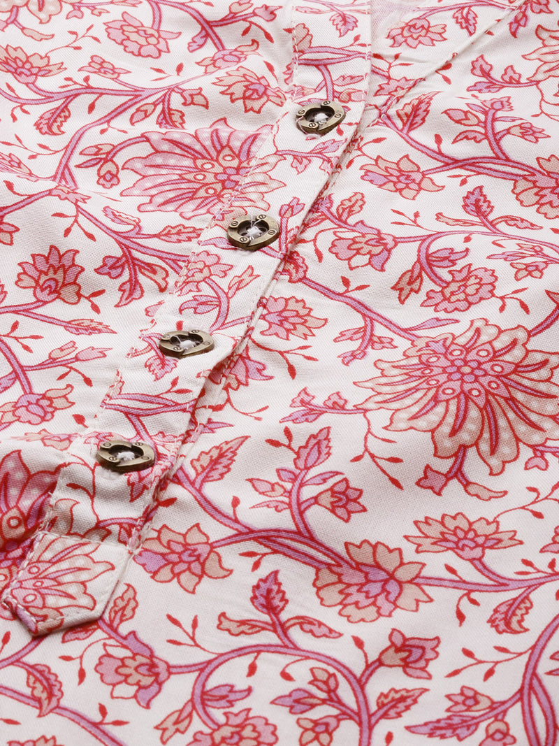 White & Pink Floral Printed Straight Kurta