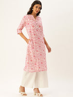 White & Pink Floral Printed Straight Kurta