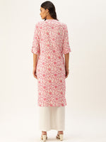 White & Pink Floral Printed Straight Kurta