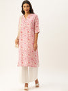 White & Pink Floral Printed Straight Kurta