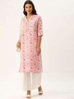 White & Pink Floral Printed Straight Kurta