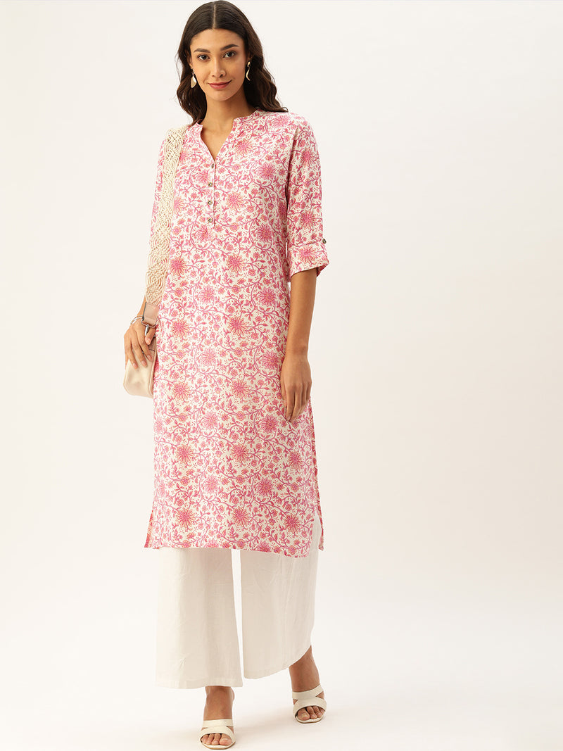 White & Pink Floral Printed Straight Kurta