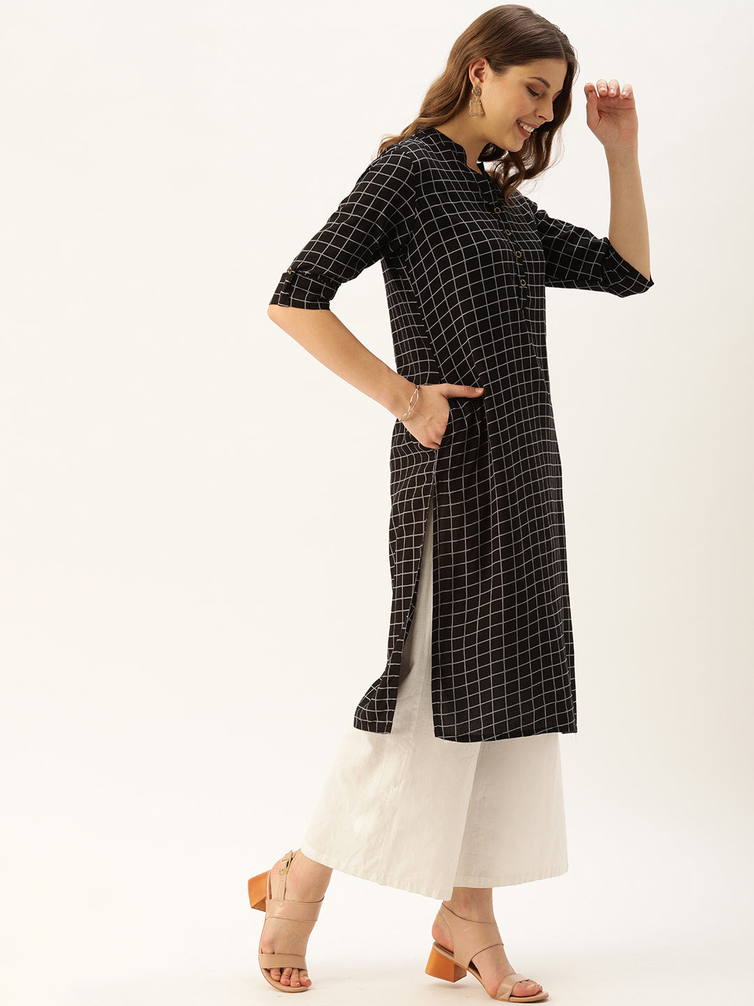 Black & Grey Checked Straight Kurta