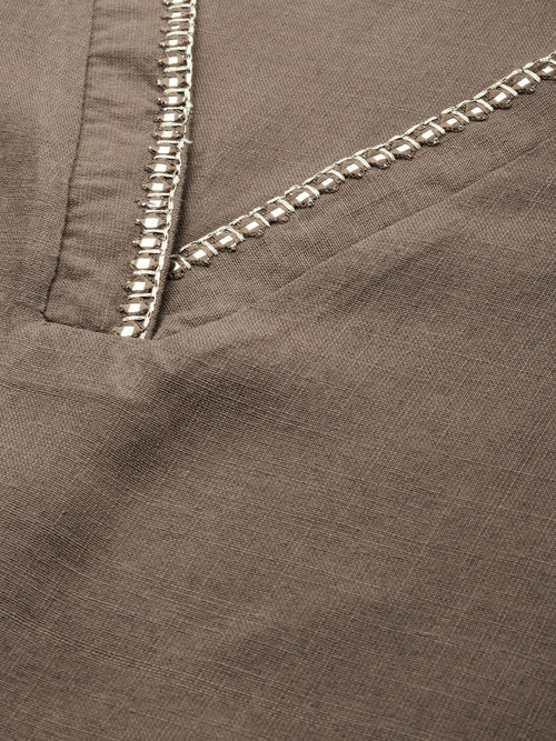 Brown Solid A-Line Kurta with Mirror Work