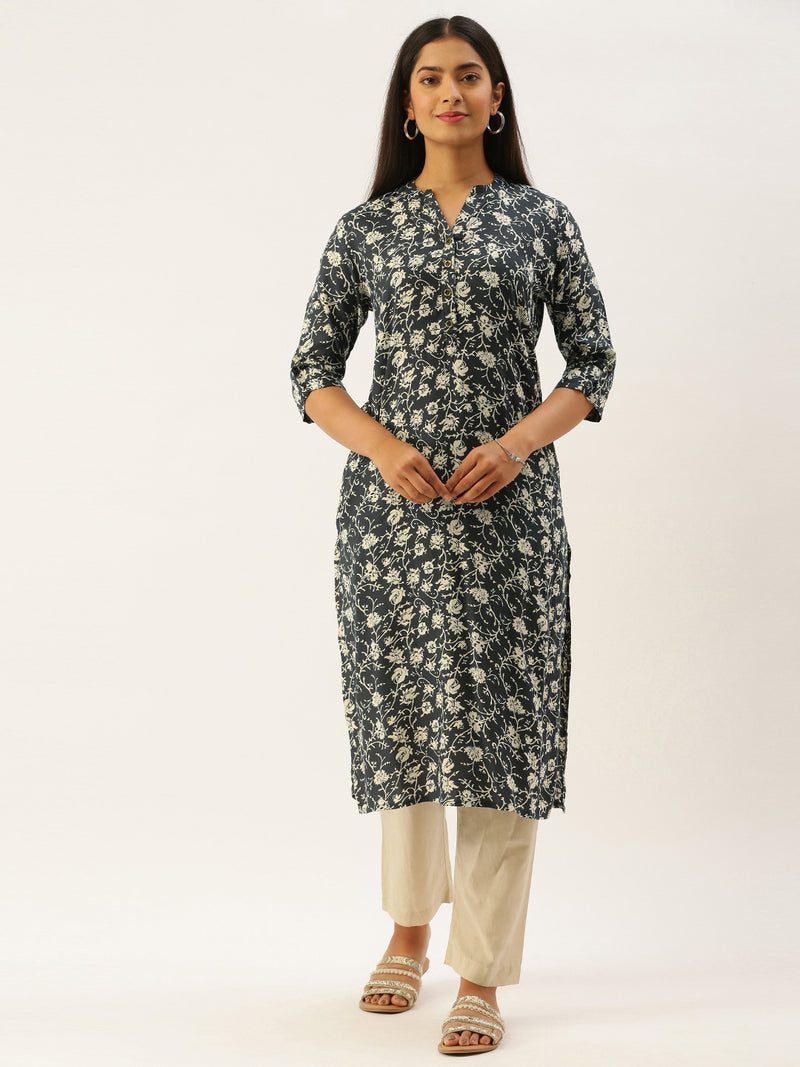 Navy Blue & Off-White Floral Print Mandarin Collar Roll-Up Sleeves Kurta
