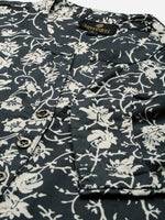 Navy Blue & Off-White Floral Print Mandarin Collar Roll-Up Sleeves Kurta