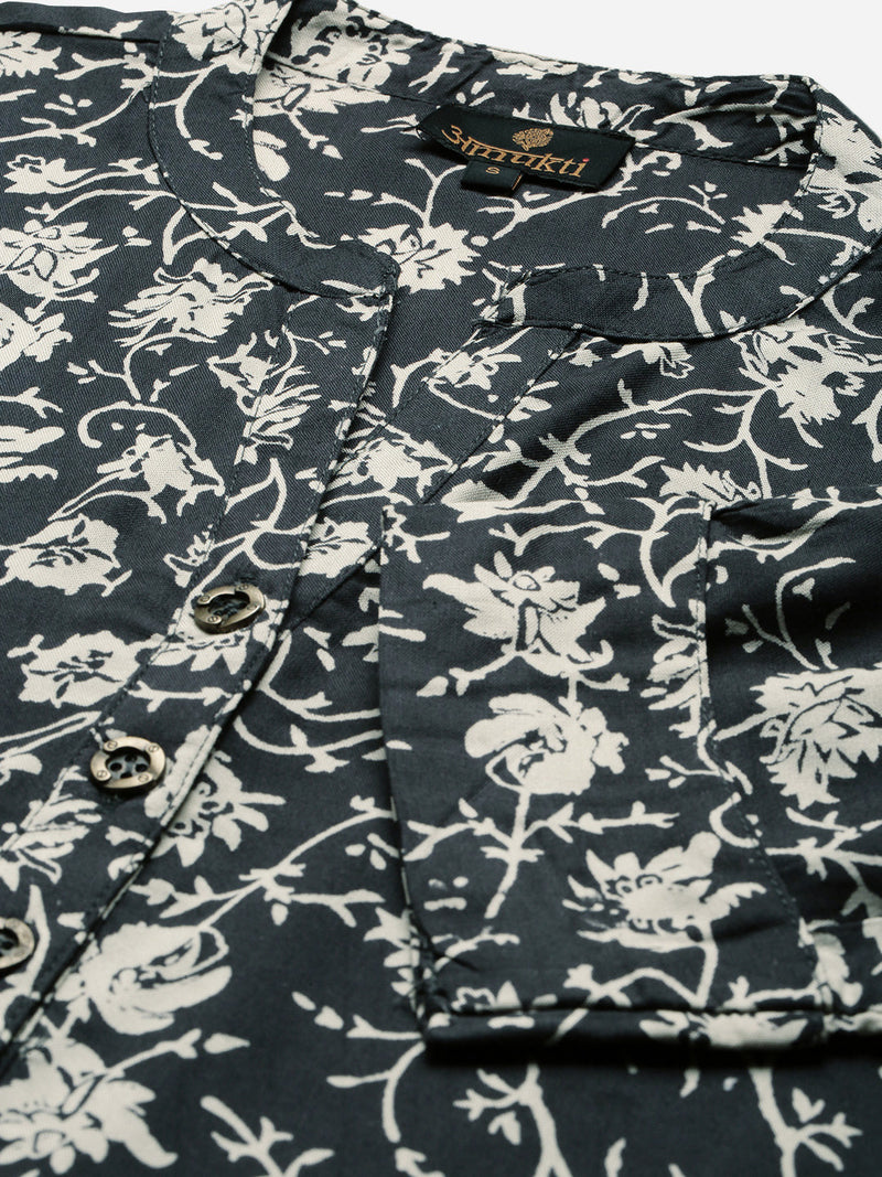 Navy Blue & Off-White Floral Print Mandarin Collar Roll-Up Sleeves Kurta