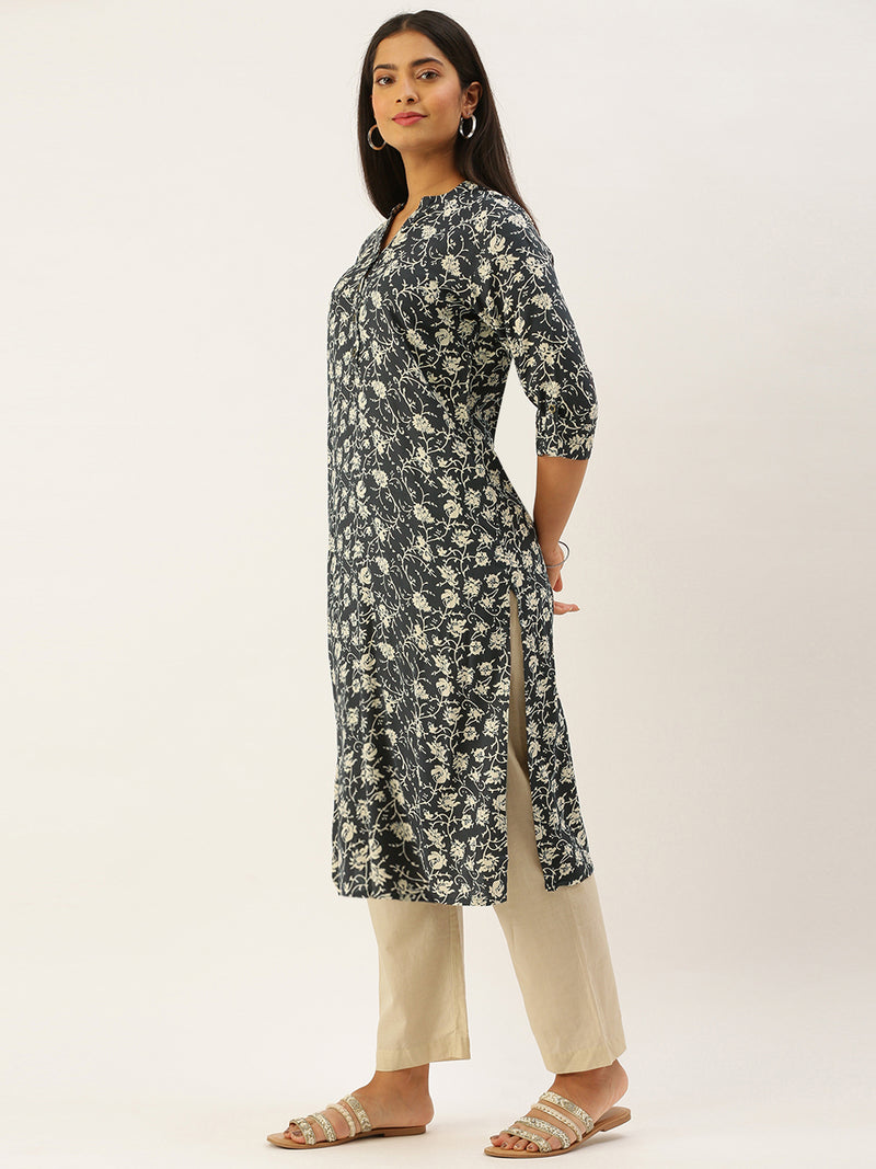Navy Blue & Off-White Floral Print Mandarin Collar Roll-Up Sleeves Kurta
