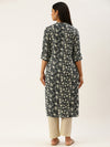 Navy Blue & Off-White Floral Print Mandarin Collar Roll-Up Sleeves Kurta