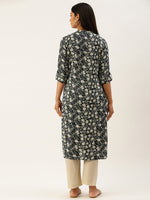 Navy Blue & Off-White Floral Print Mandarin Collar Roll-Up Sleeves Kurta