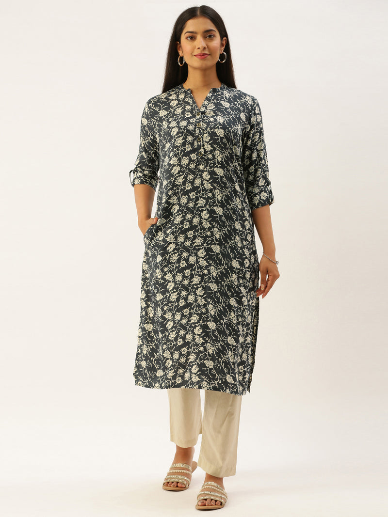 Navy Blue & Off-White Floral Print Mandarin Collar Roll-Up Sleeves Kurta