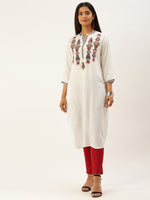 White & Red Ethnic Motifs Embroidered Straight Kurta