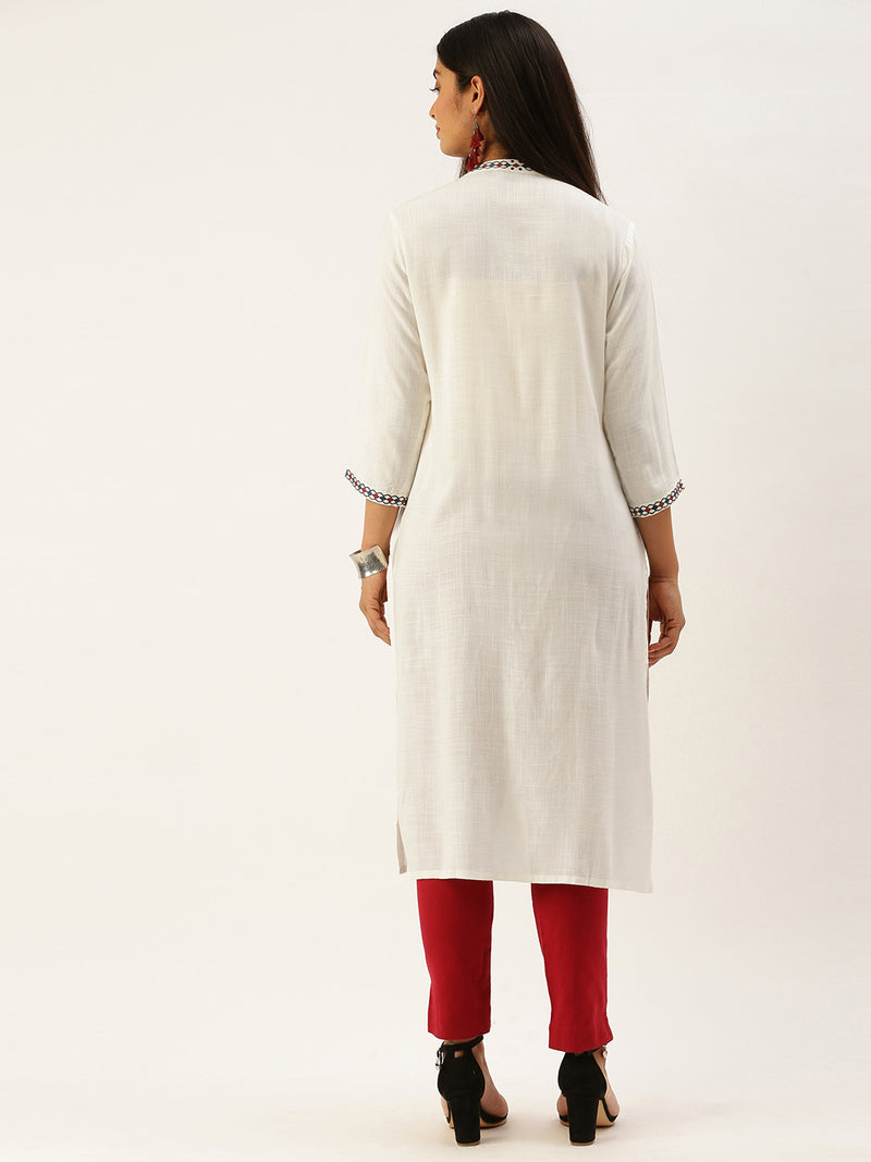 White & Red Ethnic Motifs Embroidered Straight Kurta