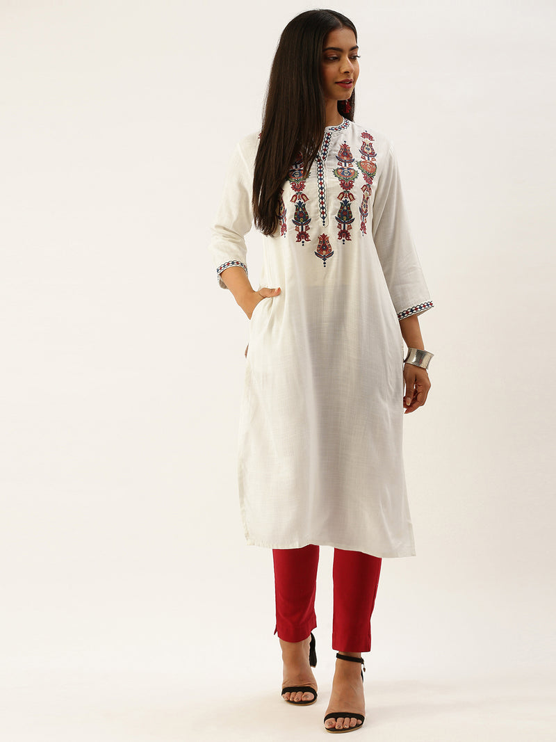 White & Red Ethnic Motifs Embroidered Straight Kurta