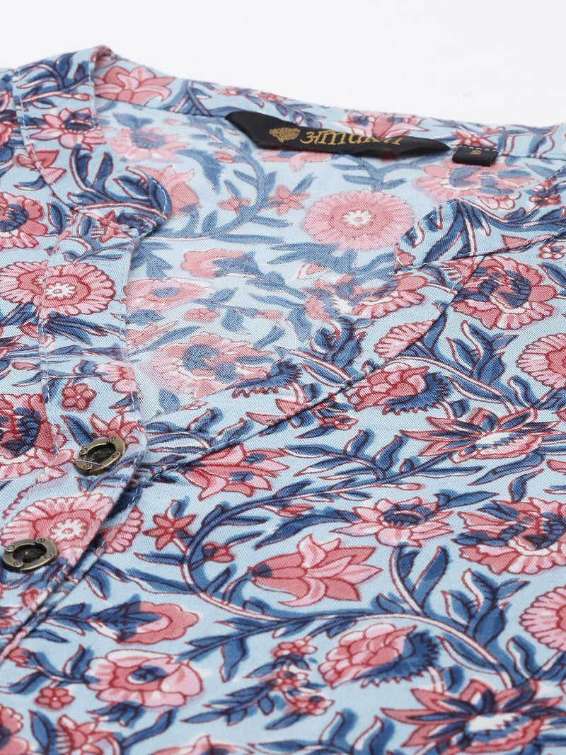 Blue & Pink Floral Printed Kurta