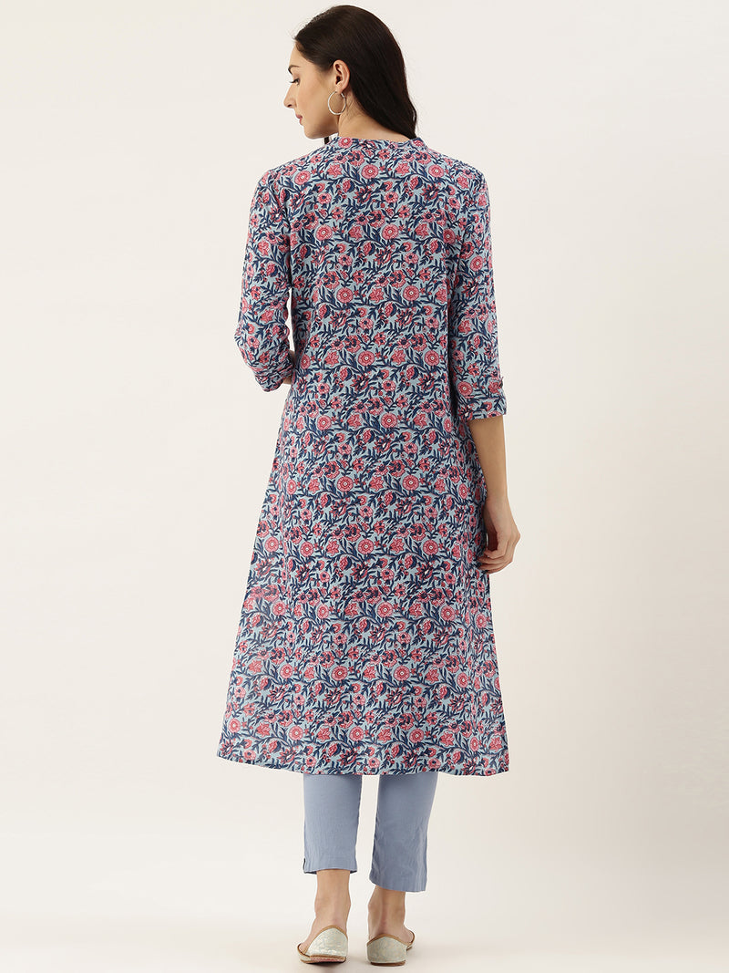 Blue & Pink Floral Printed Kurta