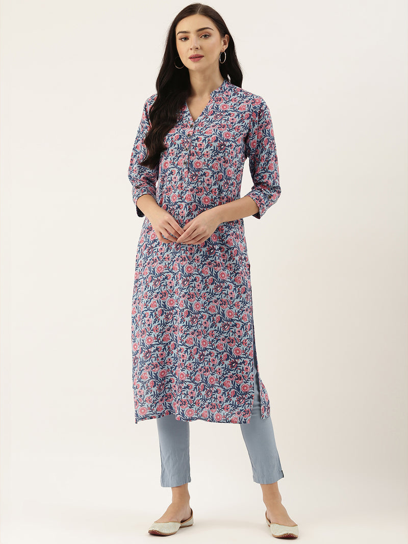 Blue & Pink Floral Printed Kurta