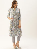 White & Blue Floral Printed Straight Kurta