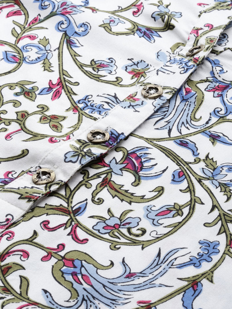 White & Blue Floral Printed Straight Kurta