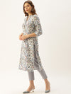 White & Blue Floral Printed Straight Kurta