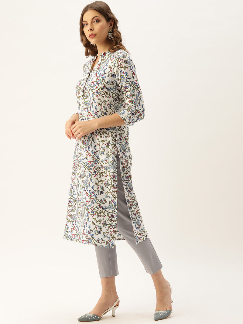 White & Blue Floral Printed Straight Kurta