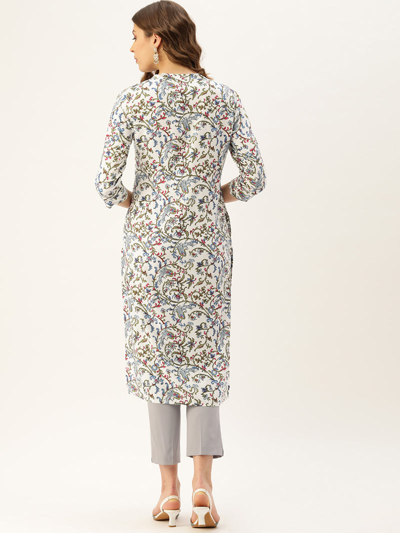 White & Blue Floral Printed Straight Kurta