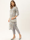 White & Blue Floral Printed Straight Kurta
