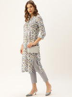 White & Blue Floral Printed Straight Kurta
