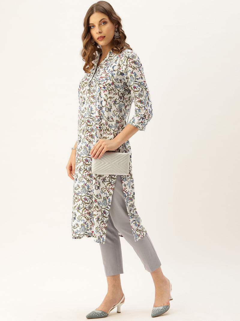 White & Blue Floral Printed Straight Kurta
