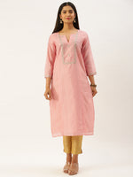 Pink & Golden Ethnic Motifs Embroidered Straight Panelled Kurta