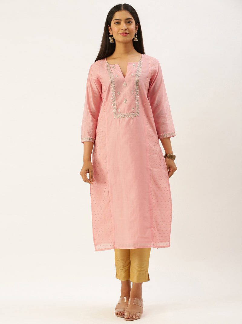 Pink & Golden Ethnic Motifs Embroidered Straight Panelled Kurta